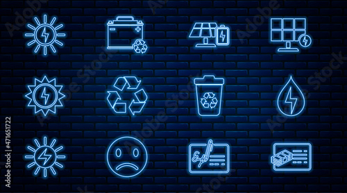Set line Financial document, Water energy, Solar panel and battery, Recycle symbol, bin with recycle and Car icon. Vector
