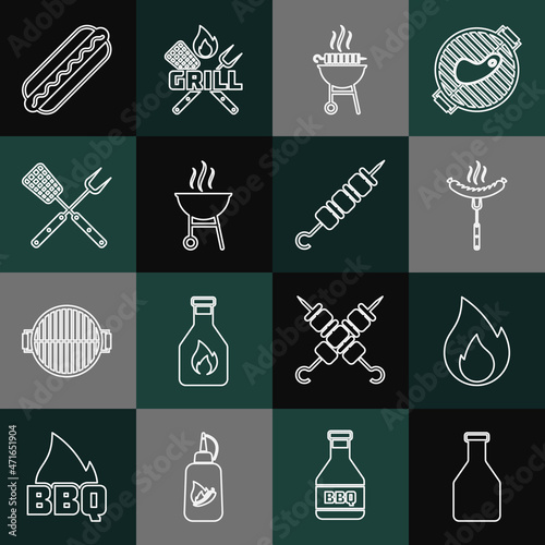 Set line Ketchup bottle, Fire flame, Sausage on the fork, Barbecue grilled shish kebab, Crossed and spatula, Hotdog sandwich and Grilled icon. Vector