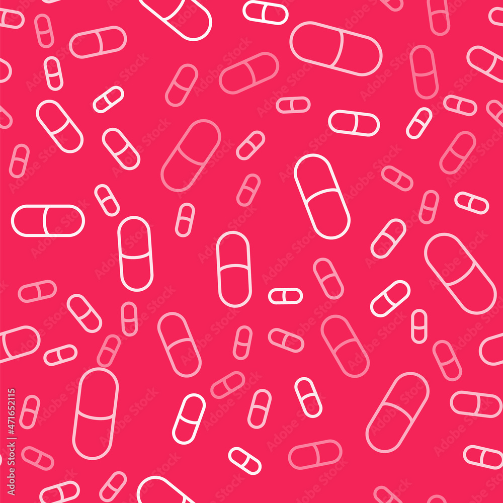White line Sleeping pill icon isolated seamless pattern on red background. Vector White line Sleeping pill icon isolated seamless pattern on red background. Vector