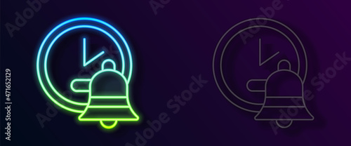 Glowing neon line Alarm clock icon isolated on black background. Wake up, get up concept. Time sign. Vector