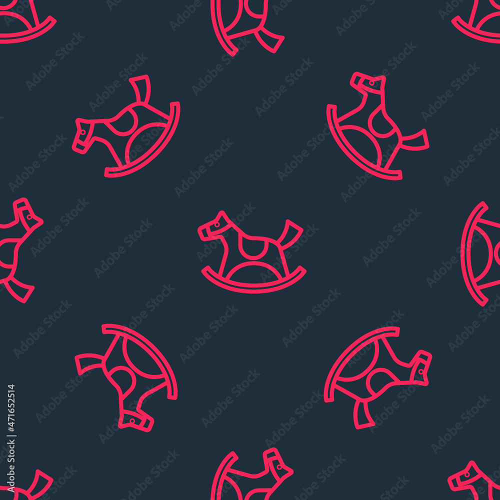Red line Wooden horse in saddle swing for little children icon isolated seamless pattern on black background. Vector