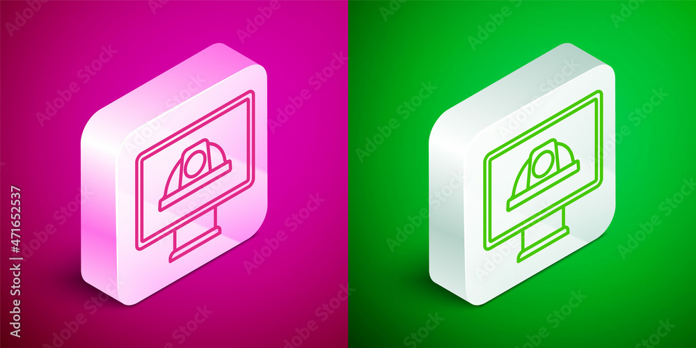 Isometric line Worker safety helmet icon isolated on pink and green background. Silver square button. Vector