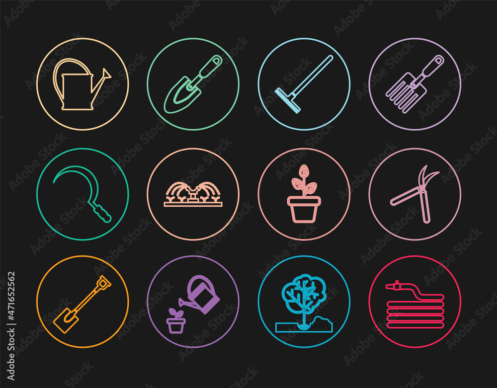 Set line Garden hose or fire hose, Gardening handmade scissor, rake, Automatic irrigation sprinklers, Sickle, Watering can, Flowers pot and trowel spade shovel icon. Vector Set line Garden hose or fire hose, Gardening handmade scissor, rake, Automatic irrigation sprinklers, Sickle, Watering can, Flowers pot and trowel spade shovel icon. Vector