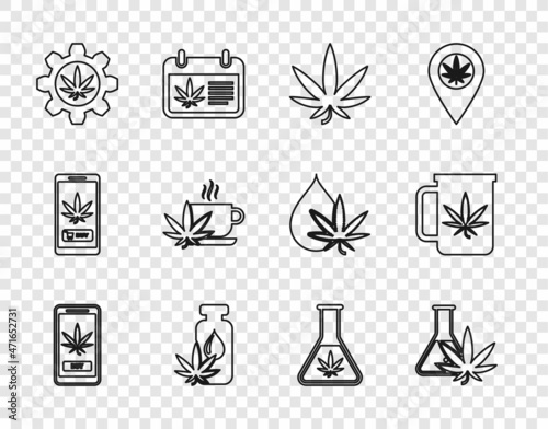 Set line Online buying marijuana, Test tube with, Marijuana or cannabis leaf, oil, Cup tea, and icon. Vector