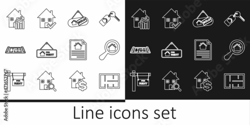 Set line House plan, Search house, Hanging sign with Sold, For Rent, Rising cost of housing, contract and check mark icon. Vector
