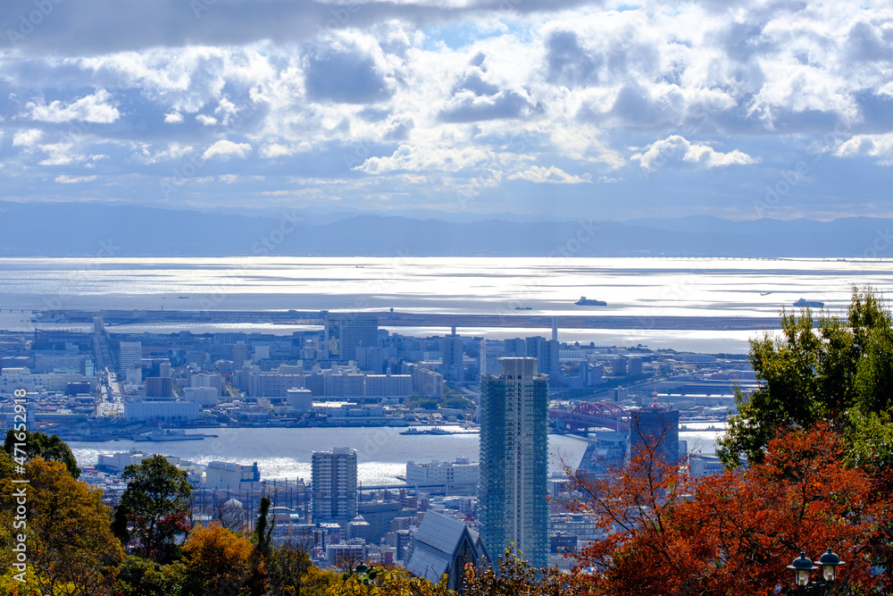 神戸山手の布引ハーブ園から神戸市街地の眺め。三宮のビル群とポートアイランド、大阪湾を臨む。 스톡 사진 Adobe Stock