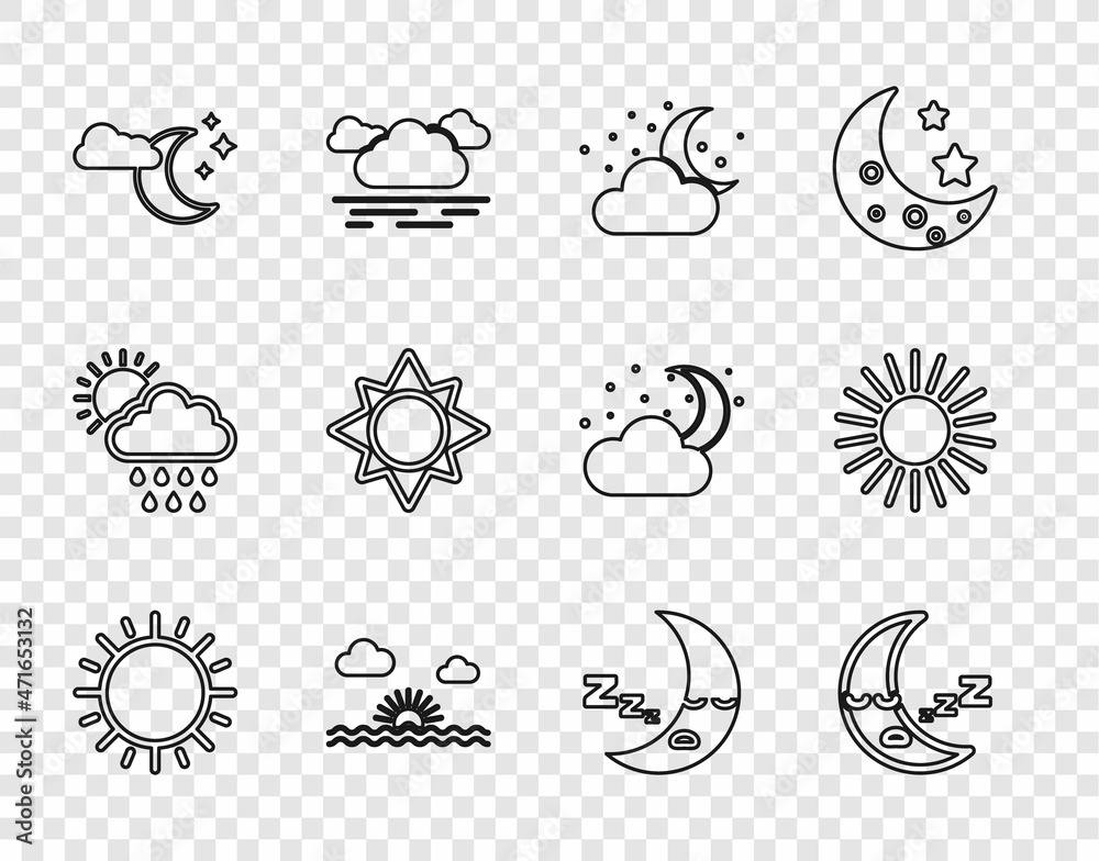 Set line Sun, Moon icon, Cloud with moon and stars, Sunset, and icon. Vector Set line Sun, Moon icon, Cloud with moon and stars, Sunset, and icon. Vector