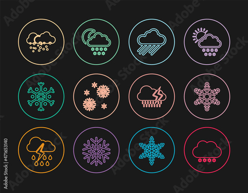 Set line Cloud with snow, Snowflake, rain, and lightning and moon icon. Vector