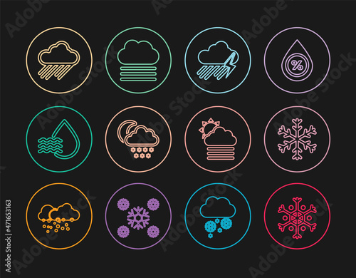 Set line Snowflake, Cloud with rain and lightning, snow moon, Water drop percentage, Fog cloud sun and icon. Vector