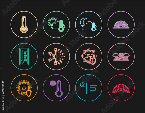 Set line Rainbow, with clouds, Thermometer and cloud, moon, Sun snowflake, Meteorology thermometer, UV protection and sun icon. Vector