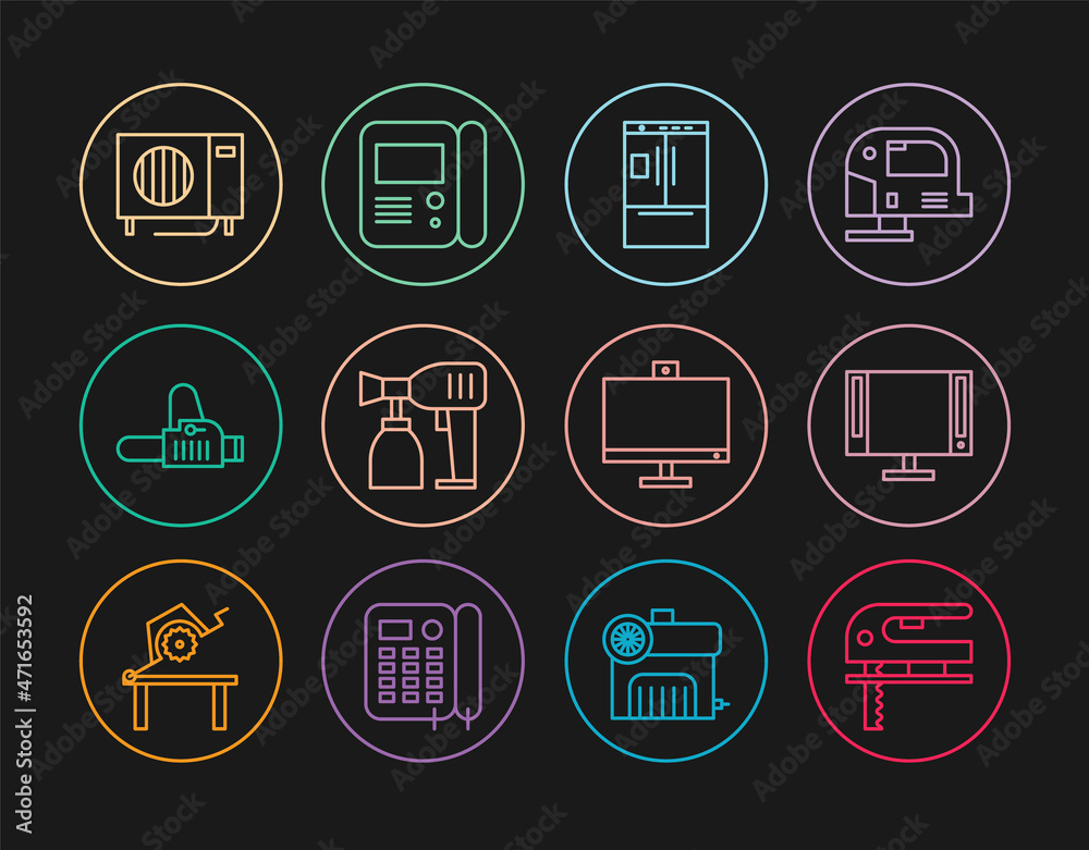 Set line Electric jigsaw, Smart Tv, Refrigerator, Paint spray gun, Chainsaw, Air conditioner, Computer monitor and House intercom system icon. Vector Set line Electric jigsaw, Smart Tv, Refrigerator, Paint spray gun, Chainsaw, Air conditioner, Computer monitor and House intercom system icon. Vector