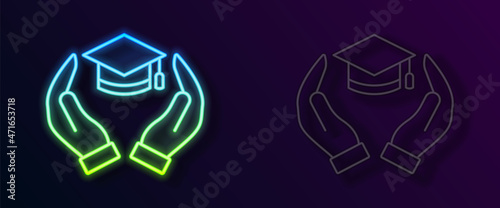 Glowing neon line Education grant icon isolated on black background. Tuition fee, financial education, budget fund, scholarship program, graduation hat. Vector