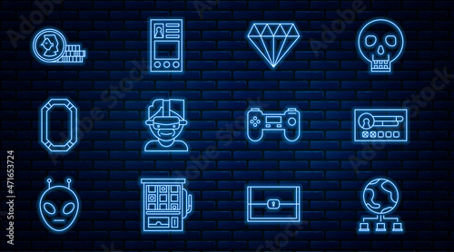 Set line Computer network, Create account screen, Diamond, Virtual reality glasses, Poker table, Coin for game, Gamepad and icon. Vector