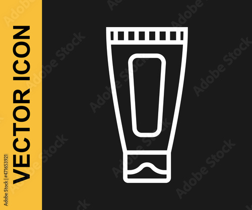 White line Cream or lotion cosmetic tube icon isolated on black background. Body care products for woman. Vector