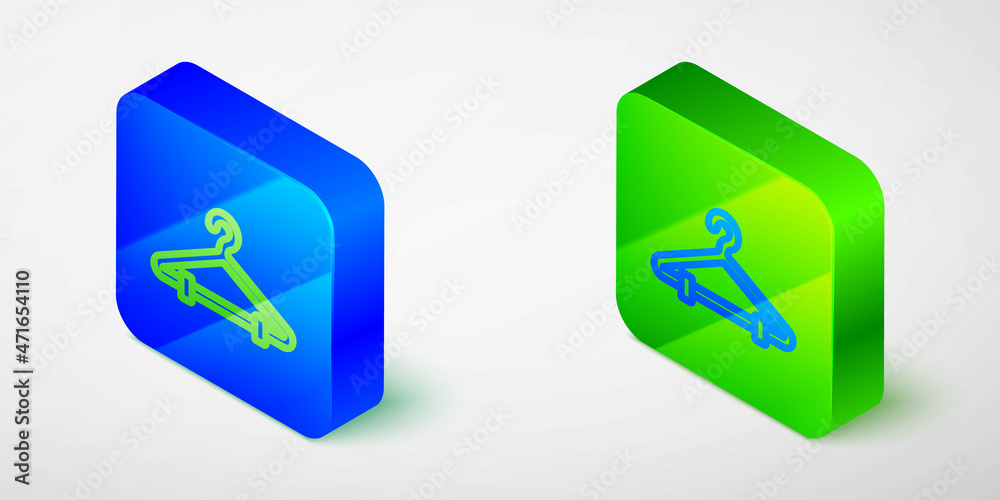 Isometric line Hanger wardrobe icon isolated on grey background. Cloakroom icon. Clothes service symbol. Laundry hanger sign. Blue and green square button. Vector Isometric line Hanger wardrobe icon isolated on grey background. Cloakroom icon. Clothes service symbol. Laundry hanger sign. Blue and green square button. Vector