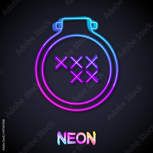 Glowing neon line Round adjustable embroidery hoop icon isolated on black background. Thread and needle for embroidery. Vector