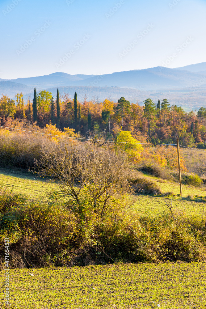 Beautiful view of country hills in fall near Frosini, Siena province, Italy Beautiful view of country hills in fall near Frosini, Siena province, Italy