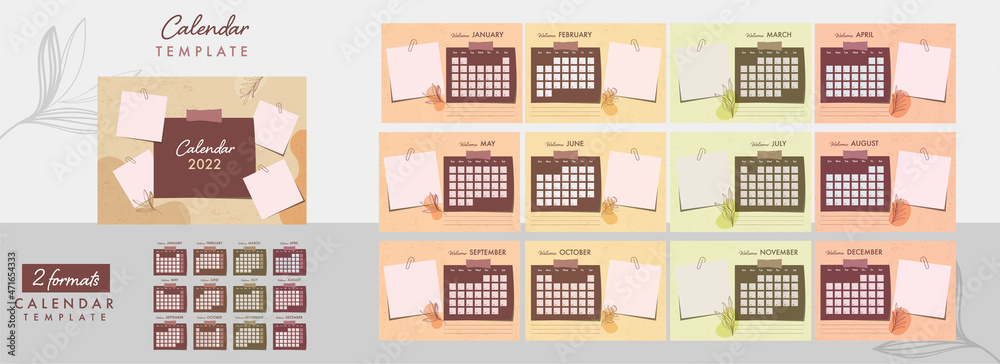 2 Formats Complete Set Of 12 Month, 2022 Calendar Design With Blank Sticky Notes For Corporate Planner.