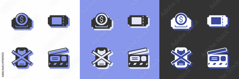 Set Movie clapper, Cinema ticket, No cell phone and icon. Vector Set Movie clapper, Cinema ticket, No cell phone and icon. Vector