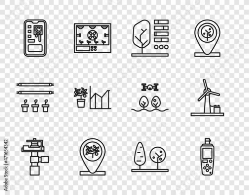 Set line Automatic irrigation sprinklers, Portable sensor, Plant status, Location and tree, Smart control farming system, Flower statistics, Trees and Wind turbine icon. Vector