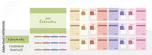 Multicolor Complete Set Of 12 Month, 2022 Yearly Calendar Template In Two Formats.