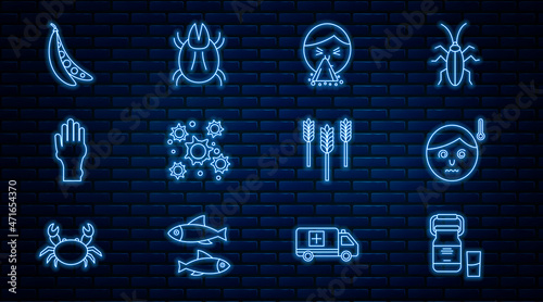 Set line Can container for milk, High human body temperature, Handkerchief to his runny nose, Bacteria, with psoriasis eczema, Kidney beans, Wheat and Parasite mite icon. Vector