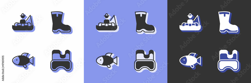 Set Diving mask, Fisherman boat, and Fishing boots icon. Vector
