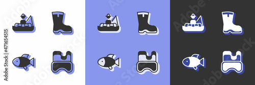 Set Diving mask, Fisherman boat, and Fishing boots icon. Vector