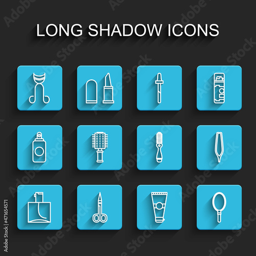 Set line Perfume, Scissors, Eyelash curler, Lotion cosmetic tube, Hand mirror, Hairbrush, Eyebrow tweezers and icon. Vector