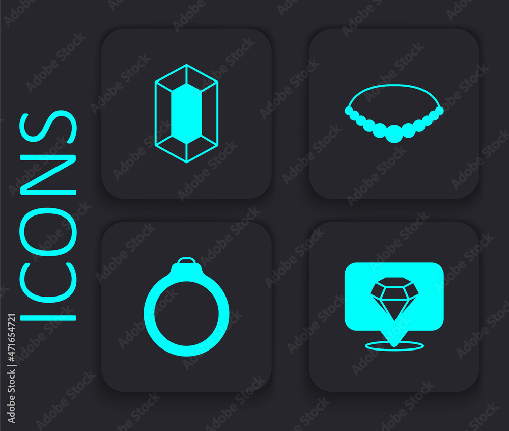 Set Diamond, Gem stone, Pearl necklace and engagement ring icon. Black square button. Vector Set Diamond, Gem stone, Pearl necklace and engagement ring icon. Black square button. Vector