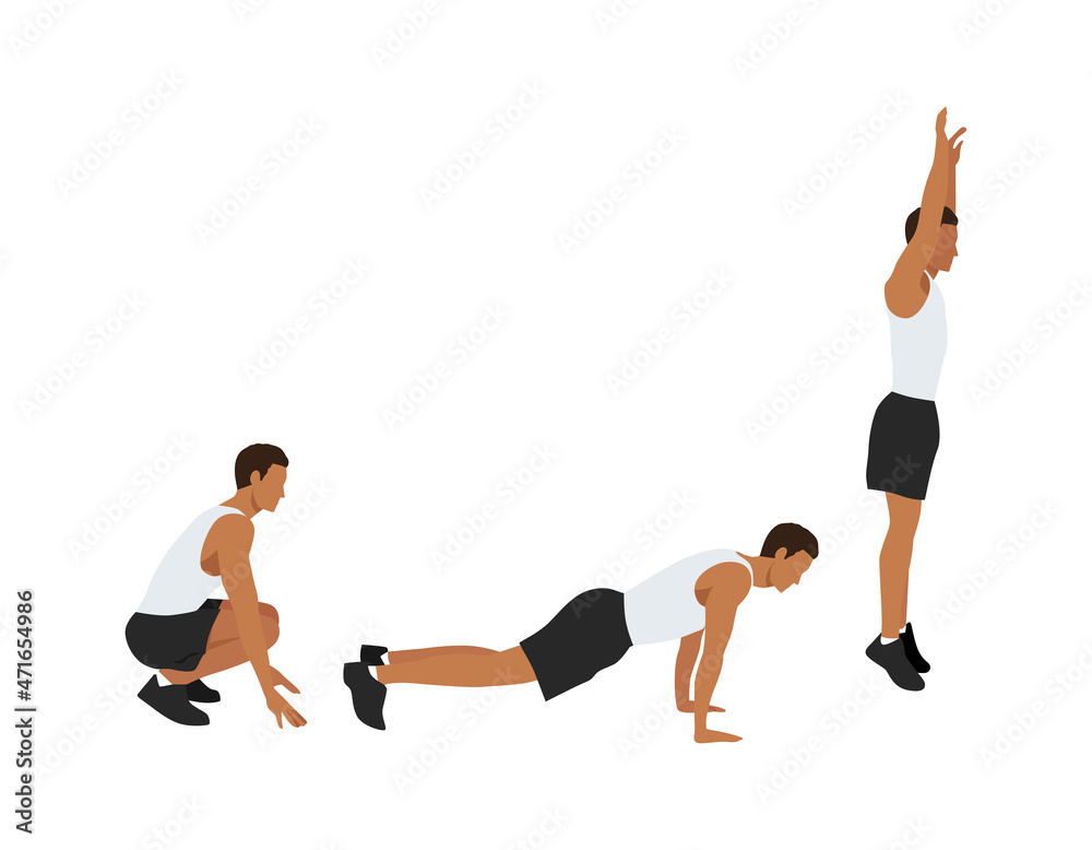 Exercise guide with man doing the Squat Thrust Burpee position in 3 step. Illustration about workout diagram.