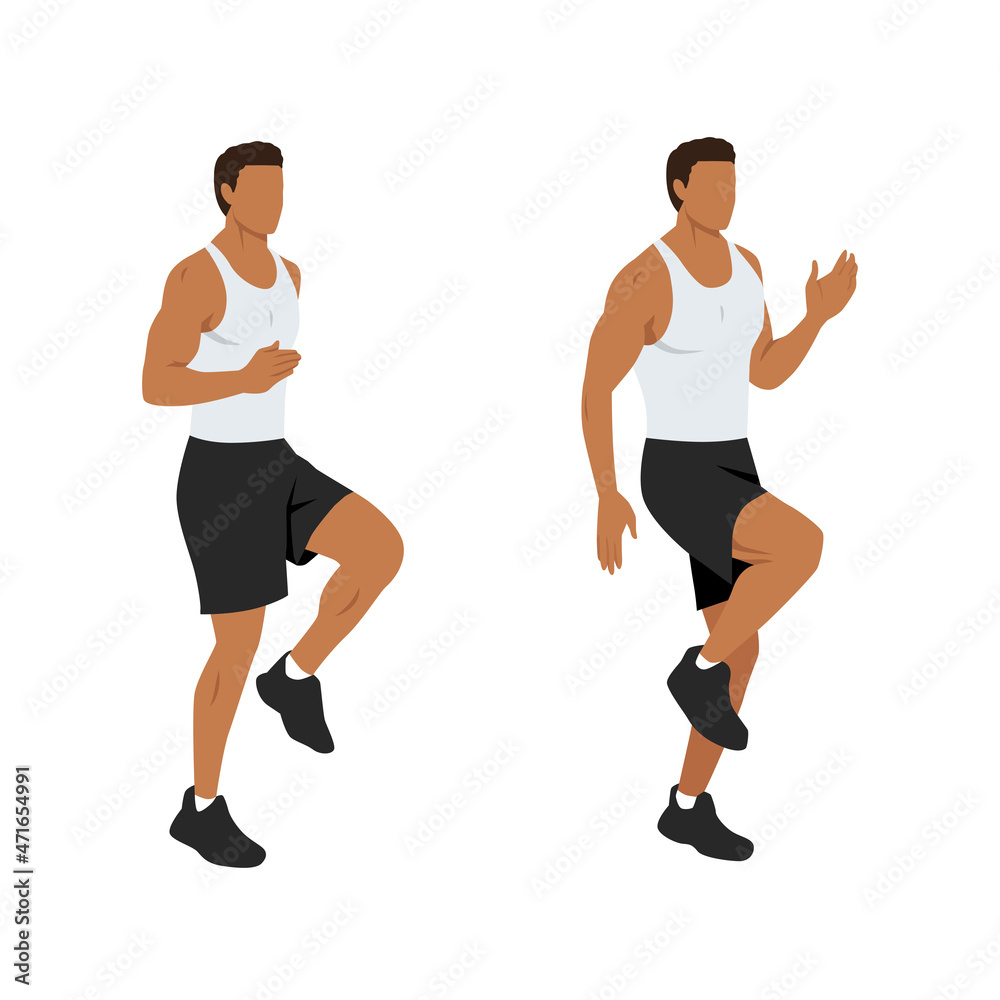 High knees. Front knee lifts. Run. and Jog on the spot exercise. Flat vector illustration isolated white background Stock Vector | Adobe Stock