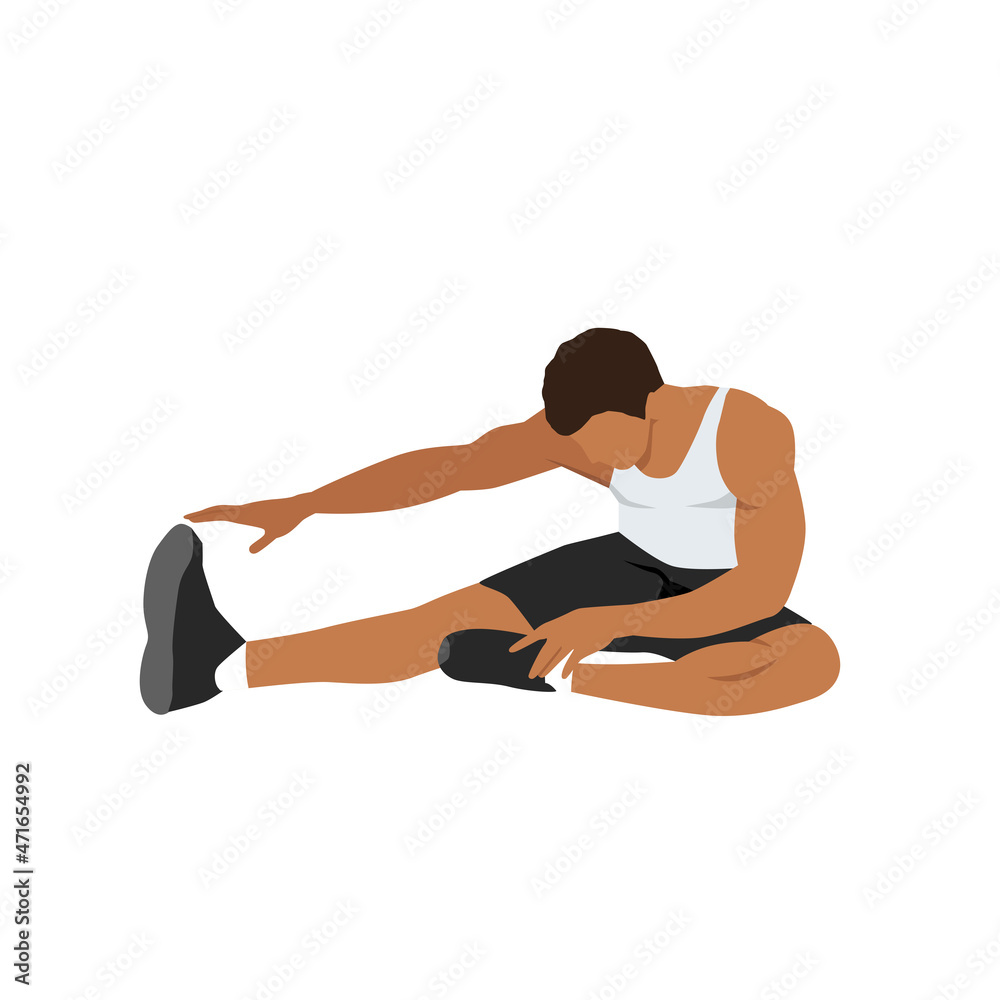 Man doing Warm up by Sitting stretching your body by touching your toes. Hamstring stretch Man doing Warm up by Sitting stretching your body by touching your toes. Hamstring stretch