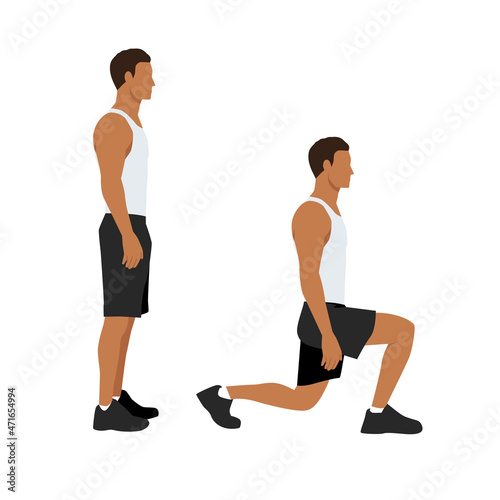 Illustrated exercise guide by healthy man doing Lunges Workout in 2 steps for firming buttocks and legs.