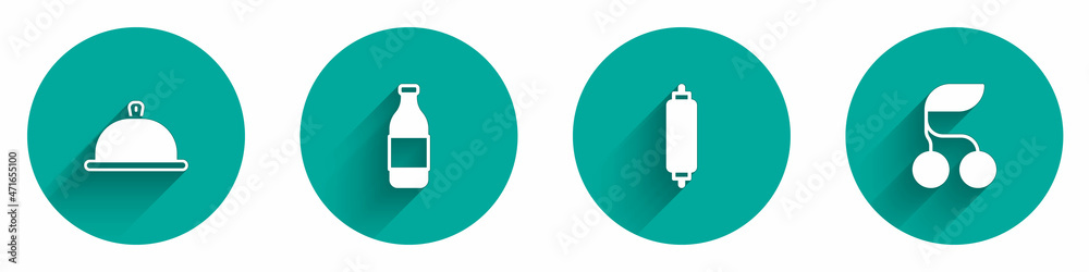 Set Covered with tray of food, Bottle wine, Rolling pin and Fresh berries icon with long shadow. Vector Set Covered with tray of food, Bottle wine, Rolling pin and Fresh berries icon with long shadow. Vector