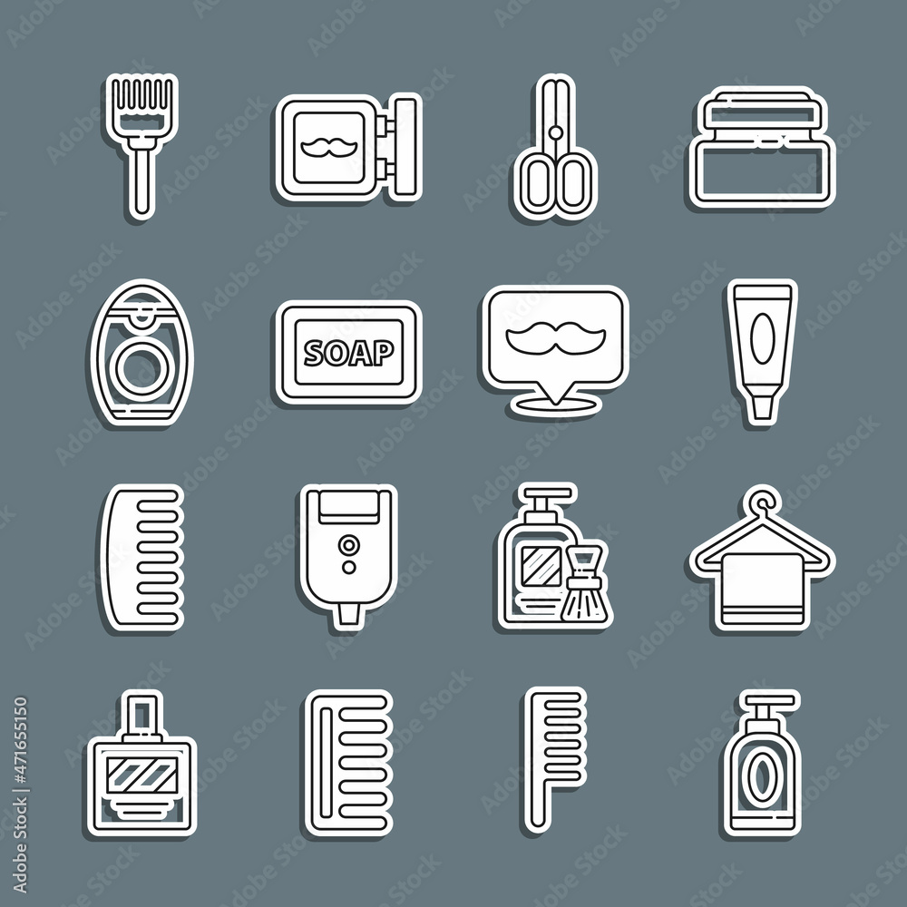 Set line Cream or lotion cosmetic tube, Towel hanger, Scissors hairdresser, Bar of soap with foam, Bottle shampoo, Hairbrush and Barbershop icon. Vector Set line Cream or lotion cosmetic tube, Towel hanger, Scissors hairdresser, Bar of soap with foam, Bottle shampoo, Hairbrush and Barbershop icon. Vector