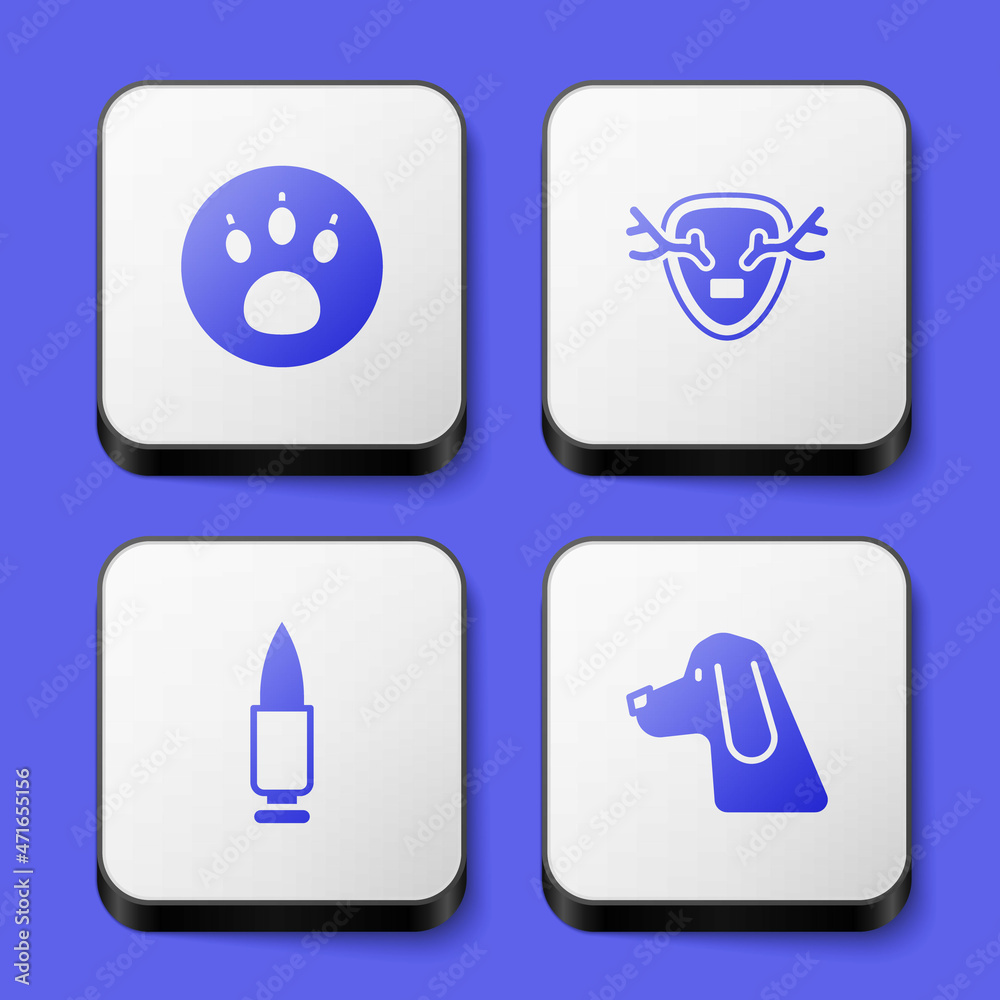 Set Paw search, Deer antlers on shield, Bullet and Hunting dog icon. White square button. Vector Set Paw search, Deer antlers on shield, Bullet and Hunting dog icon. White square button. Vector