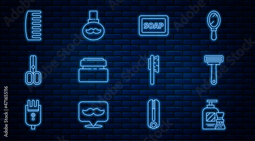 Set line Shaving gel foam and brush, razor, Bar of soap with, Cream lotion cosmetic tube, Scissors hairdresser, Hairbrush, and Beard mustaches care oil bottle icon. Vector