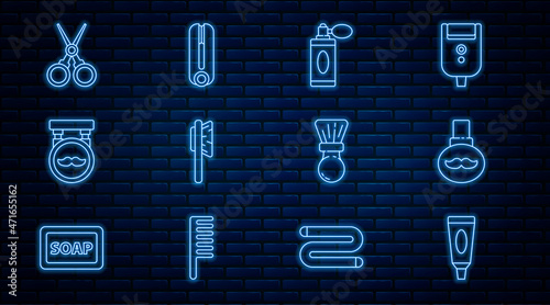 Set line Cream or lotion cosmetic tube, Beard and mustaches care oil bottle, Aftershave with atomizer, Hairbrush, Barbershop, Scissors hairdresser, Shaving and Curling iron for icon. Vector
