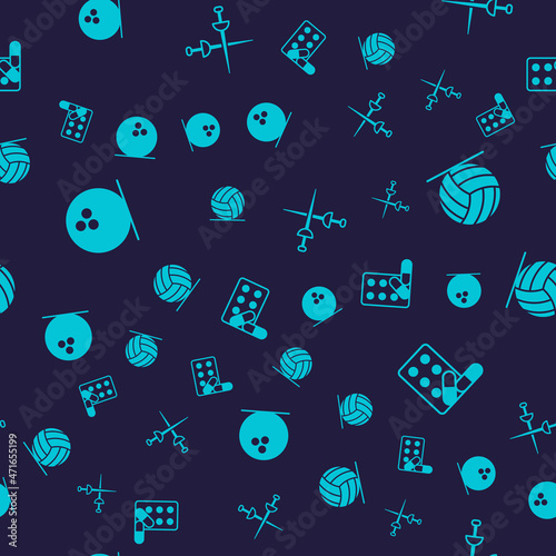 Set Bowling ball, Volleyball, Fencing and Sports doping with dumbbell on seamless pattern. Vector