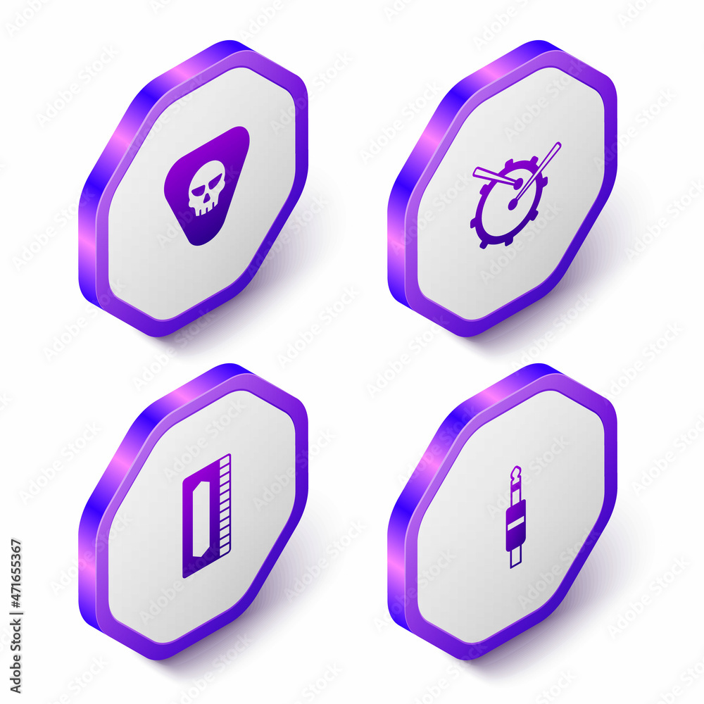 Set Isometric Guitar pick, Drum with drum sticks, Harmonica and Audio jack icon. Purple hexagon button. Vector Set Isometric Guitar pick, Drum with drum sticks, Harmonica and Audio jack icon. Purple hexagon button. Vector