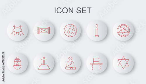 Set line Star of David, Ramadan Kareem lantern, Moon, Orthodox jewish hat with sidelocks, Pastafarianism, Traditional carpet, Tombstone cross and Buddhist monk icon. Vector