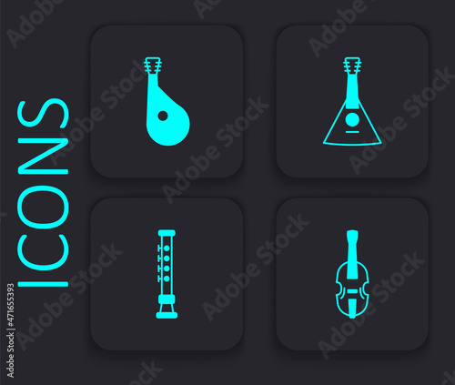 Set Violin, Bandura, Balalaika and Flute icon. Black square button. Vector