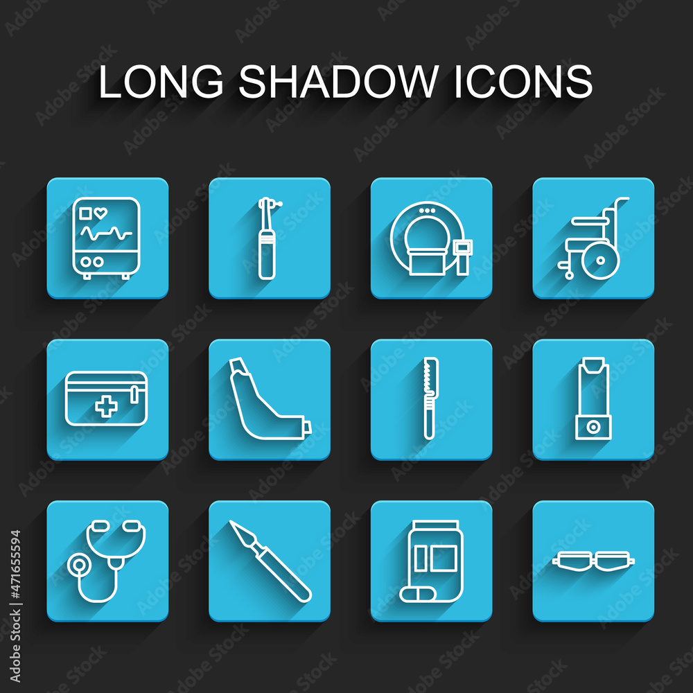 Set line Stethoscope, Medical surgery scalpel, Monitor with cardiogram, Medicine bottle and pills, Safety goggle glasses, Inhaler, and saw icon. Vector Set line Stethoscope, Medical surgery scalpel, Monitor with cardiogram, Medicine bottle and pills, Safety goggle glasses, Inhaler, and saw icon. Vector