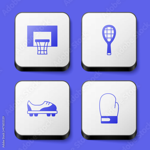 Set Basketball backboard, Tennis racket, Football shoes and Boxing glove icon. White square button. Vector