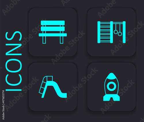 Set Rocket ship toy, Bench, Swedish wall and Slide playground icon. Black square button. Vector © Iryna