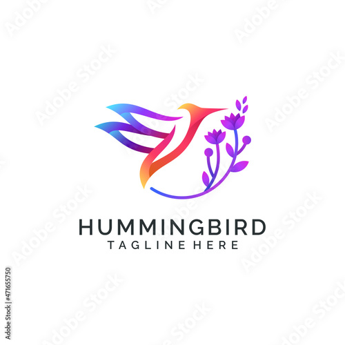 Logo design hummingbird with colorful flowers