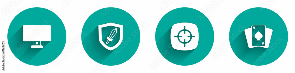 Set Computer monitor, Sword for game, Target sport and Playing cards icon with long shadow. Vector Set Computer monitor, Sword for game, Target sport and Playing cards icon with long shadow. Vector
