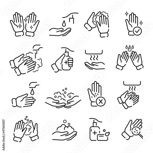 Hands washing flat icon set. Tutorial of hand cleaning pictograms for web. Line stroke. Isolated on white background. Vector eps10. Water stream clean the arms.