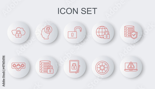 Set line Laptop with exclamation mark, Password protection, Open padlock, Safe, Cloud computing, Human head, Server security and Tablet closed icon. Vector
